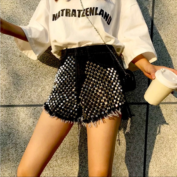 Pants - New Black Denim Studded Rhinestone Shorts Asian Size XL/U.S. Size M (Never Worn)